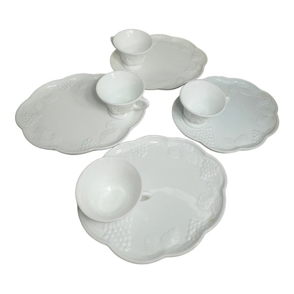Indiana Colony Tea Cup Plate Milk Glass White Harvest Grape Snack Trays Set of 4 - Picture 4 of 10